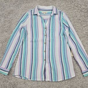 Escape by Habitat‎ Women Striped Gauze Button Shirt Size S Coastal Casual